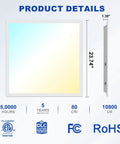 Product details of 12 Pack 2x2 LED Flat Panel Light Kit With 6000LM For Drop Ceiling Installations showing dimensions and certifications.
