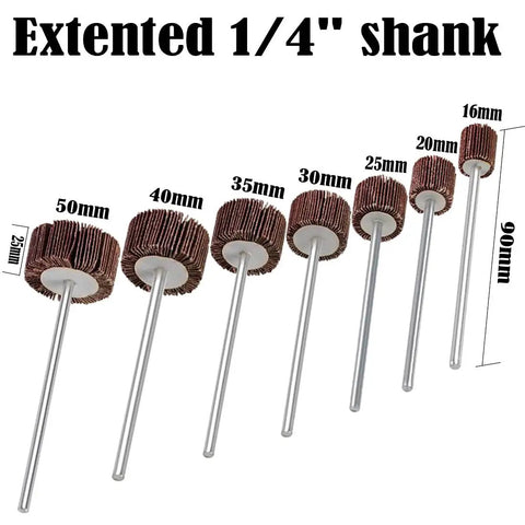 Image of Extra Long 90mm Flap Wheel Sanding Set With 1 Quarter Inch Shank For Drill Grinder And Rotary Tools 14 Piece Assorted Abrasive Flap Wheels in 16 20 25 30 35 40 50mm sizes displayed in a row.
