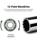 Close-up of 3/8 Inch Drive 12 Point Socket Set For Tough Jobs showing the 12-Point WaveDrive design and MaxChrome finish