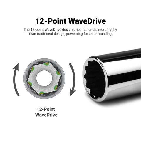 Close-up of 3/8 Inch Drive 12 Point Socket Set For Tough Jobs showing the 12-Point WaveDrive design and MaxChrome finish