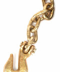 Beefy Grade 70 binder chain with clevis hooks three eighths inch by twenty feet DOT approved, showcasing hook detail.