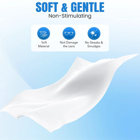 VOISEN lens wipes for glasses; white pre-moistened wipe waving on blue background, soft material