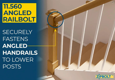 Angled Railbolt Handrail To Newel Post Connector Kit For Easy Lower Connection in residential stair installation