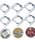 Heavy Duty Metal Strapping Buckle for Belts, Luggage, Backpacks with six silver buckles, close-up views on packaging use