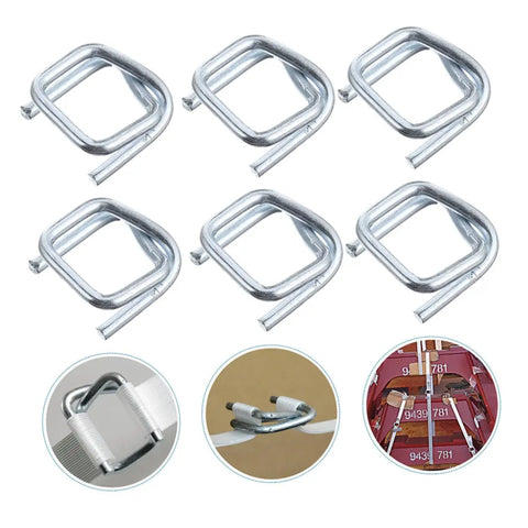 Heavy Duty Metal Strapping Buckle for Belts, Luggage, Backpacks with six silver buckles, close-up views on packaging use