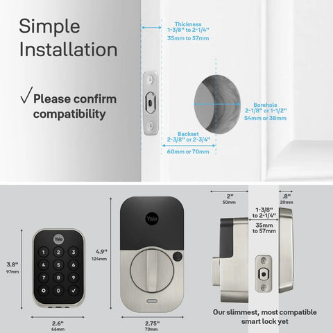 Assure Lock 2 Deadbolt Keyless Door Lock With Satin Nickel Finish installation guide with dimensions for simple setup.