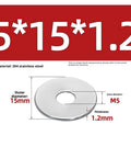 Diagram of Stainless Steel Fender Flat Washers for Screws and Bolts, Heavy Duty Built Tough 5mm Inner, 15mm Outer, 1.2mm Thick