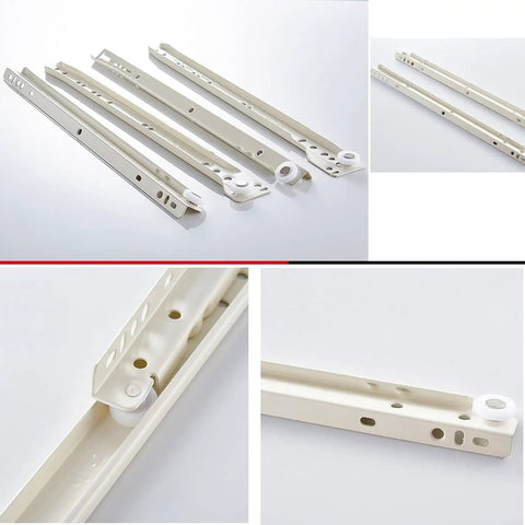 Heavy Duty Metal Drawer Slides 450mm Pack of Four White Roller Rails Cold Rolled Steel Construction showing smooth gliding roller mechanisms.