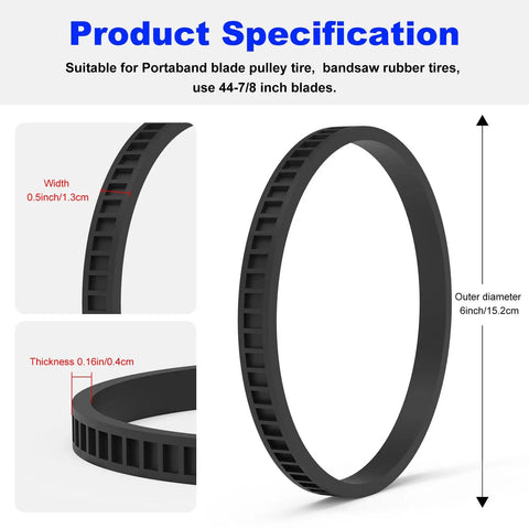Replacement Bandsaw Pulley Tires 45-69-0010 2 Pack for Portable Saws, showing dimensions and rubber material.