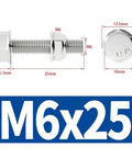 Stainless Steel M6 Flange External Hex Head Screws With Serrated Flange, Nylon Insert Nuts Kit, M6x25 Inch, 20 Sets, product diagram