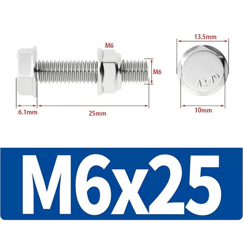 Stainless Steel M6 Flange External Hex Head Screws With Serrated Flange, Nylon Insert Nuts Kit, M6x25 Inch, 20 Sets, product diagram