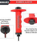 Close-up view of a red handle from a Hollow Punch Kit with Pinpoint Punch Shaft and Gasket Cutter Set, featuring a removable spring-loaded pin.