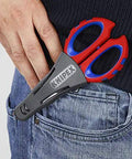 Electricians Shears With Ferrule Crimp Area Up To 6 Square Millimeters, 6.25 Inch in belt case attached to jeans pocket.