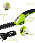 Close-up of a green Cordless Grass Shear And Hedge Trimmer 2 In 1 Handheld Yard Tool with blades, 7.2V battery, and safety features.