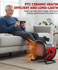 Space Heater 1500W PTC Cranks Out Fast Heat With 90 Degree Adjustable Angle, man on sofa with heater by feet