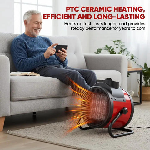 Space Heater 1500W PTC Cranks Out Fast Heat With 90 Degree Adjustable Angle, man on sofa with heater by feet