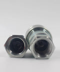 Front and side view of two silver 1/2 in NPT ISO 5675 hydraulic quick-connect couplers with hex bodies