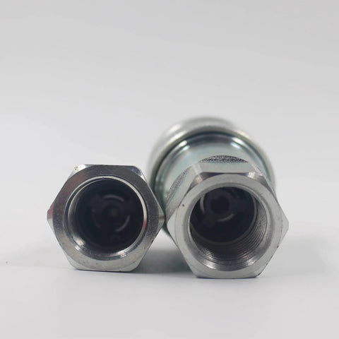 Front and side view of two silver 1/2 in NPT ISO 5675 hydraulic quick-connect couplers with hex bodies