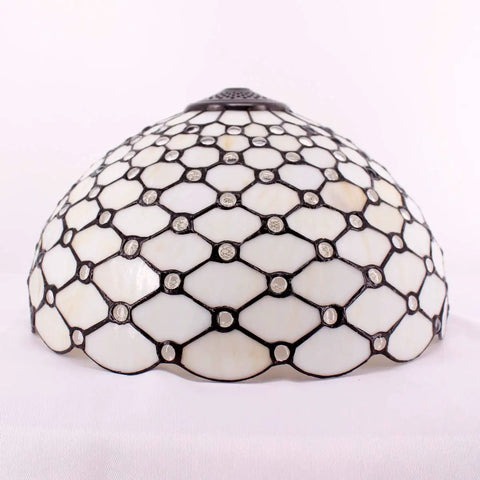 Stained Glass Style Lampshade Replacement For Table Floor Pendant And Ceiling Fixtures, 16 Inch Pearl Bead Glass Shade With Crystal Accents, Fits 3 Hooks, Warm Ambient Glow For Home Office Decor. Wide view.