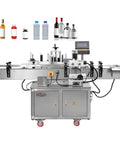 WZLOIUNHZ Automatic Positioning Labeler For Round Bottles Cans Jars Servo Control Smooth Wrap With 10 To 180 Mm Height Range Professional Precision Application Machine with various containers above.