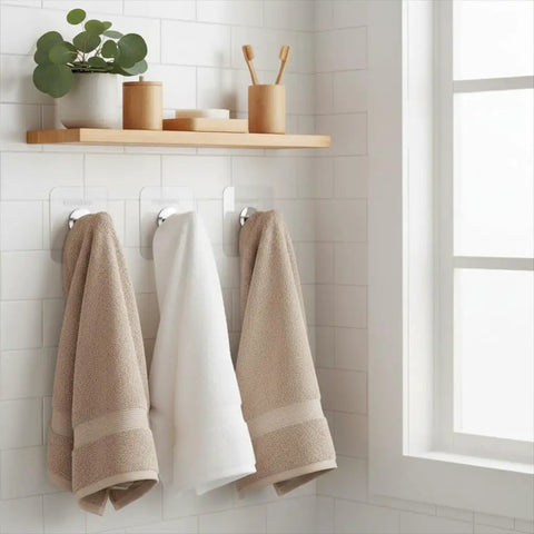 No Drill Wall Hooks Heavy Duty Adhesive Hangers For Kitchen Bathroom And Home Damage-Free Picture Hanging Hardware With Removable Non-Marking Tape 10 Pack on tiled bathroom wall with towels