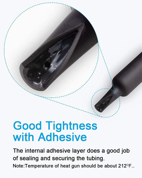 Close-up of adhesive-lined black tubing from 270 Piece Heat Shrink Tubing Kit With Adhesive Lined, 3 To 1 Ratio, Marine Grade Shrink Wrap.