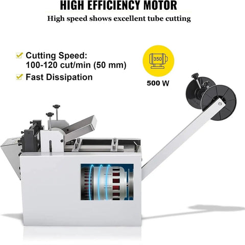 Awesome Fully Automatic Heat Shrink Tube Cutter Machine 600W Electric showing high efficiency motor with cutting speed details.