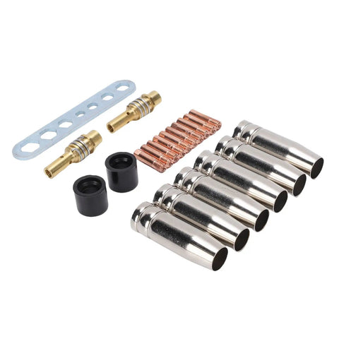 Fafeicy 21 Piece Welding Accessory Kit With Brass Gas Nozzles And 0.8mm Contact Tips For Mig Welding Torch showing brass nozzles and contact tips