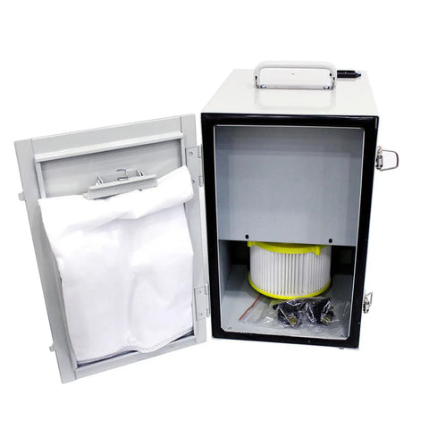 Heavy Duty 550W Dental Lab Dust Extractor With Digital Control Panel And Twin Impeller Pump, open view showing filter.