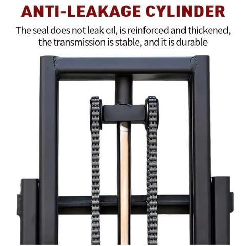 Heavy Duty Electric Pallet Stacker Forklift Powered Warehouse Lift Truck Anti-leakage cylinder with reinforced seal for stability.