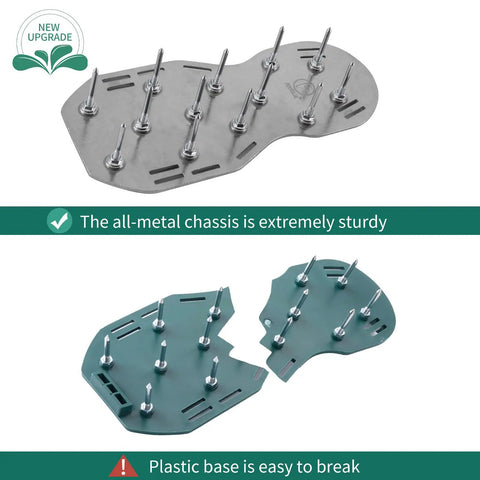 Comparison of Pro Grade Metal Lawn Aerator Shoes With Steel Spikes showing durable metal base vs. broken plastic base