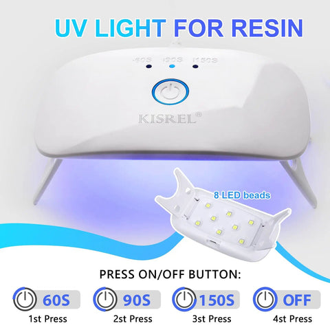 UV Resin Jewelry Making Kit With 200g Crystal Clear Resin Flexible Molds Glitter Powder Portable UV Lamp And Tools For DIYers Keychains Earrings And Crafts showing portable UV lamp with timer settings.