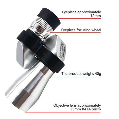 Angled Monocular Quick Focus Portable Telescope, 12mm eyepiece, 20mm BAK4 prism, metal composite build, 40g weight