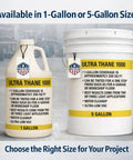 Rock Solid And Hella Durable Single Component Polyurethane Concrete Floor Sealer With UV Stain Resistant Aliphatic Urethane For Top Shelf Clear Protective Finish On Garage Slabs And Microtoppings Five Gallons shown in 1 and 5-gallon containers.