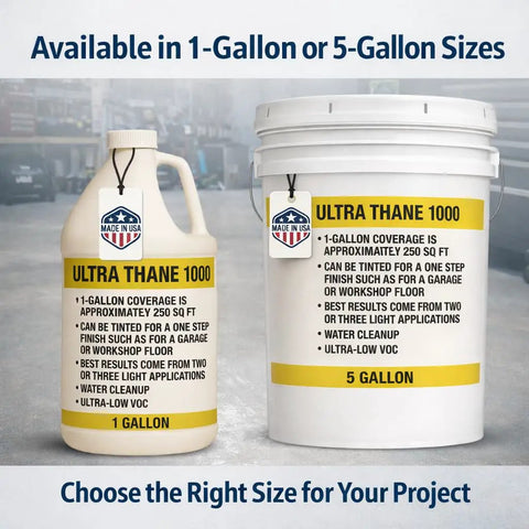 Rock Solid And Hella Durable Single Component Polyurethane Concrete Floor Sealer With UV Stain Resistant Aliphatic Urethane For Top Shelf Clear Protective Finish On Garage Slabs And Microtoppings Five Gallons shown in 1 and 5-gallon containers.