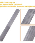 Eight Inch 4 Way Rasp File Forged From Toughened Carbon Steel showing flat round cut sections for wood and metalwork.