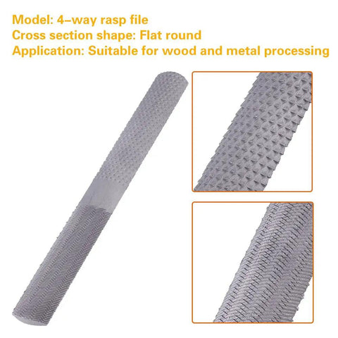 Eight Inch 4 Way Rasp File Forged From Toughened Carbon Steel showing flat round cut sections for wood and metalwork.