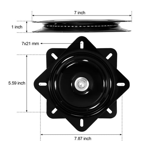 2 Pack 7 Inch Bar Stool Swivel Plate Replacement, showing top and side view dimensions for 360 Degree Rotation.