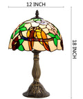 Tiffany Style Stained Glass Table Lamp with Dope Double Tropical Birds, 12x12x18 inches, with stained glass shade and bronze base.