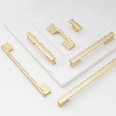 10 Pack Brushed Gold Cabinet Knobs For Kitchen Cabinets And Drawers Solid Metal Drawer Pulls Displayed on White Surface