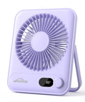 Portable Desk Fan With 5000mAh Battery Delivers Up To 25 Hours Of Quiet All Day Breeze For Office Sleep Travel And Camping Rechargeable Mini Fan With LED Battery Display Purple, showing LED display and control knob.
