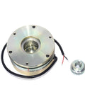 Front view of 24V DC electromagnetic brake for forklift pallet truck; round metal housing with splined shaft and wiring