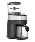 Professional Flat Burr Coffee Grinder With 30 Precision Settings For French Press Drip Coffee And Espresso Anti Static Housing And Six Point Five Ounce Hopper Black side view showcasing the clear bean reservoir and clean design.
