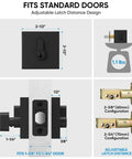 Heavy-Duty Matte Black Door Lever Set dimensions and latch configuration details.