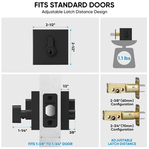 Heavy-Duty Matte Black Door Lever Set dimensions and latch configuration details.