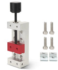 Slick Compact Mini Vise With 50mm Jaw Space, red and silver clamp with mounting hardware for precision woodworking and jewelry projects.