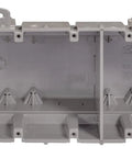 Beefy 5 Gang Multi Mount Device Box With Depth Adjustable For Horizontal And Vertical Installations, Heavy Duty 42lb Gray, Removable Nail Tabs For Metal Stud Mounting, Top Blocks For Secure Vertical Placement, Interior Mounting Blocks. Gray plastic 5-gang device box with mounting tabs and divider.