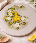 13 Inch Hand Painted Lemon Lazy Susan with Floral Wood Turntable on kitchen counter, rustic country decor
