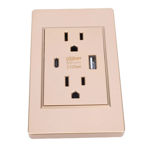 Beefed Up Wall Socket With Quick Charge USB And Type C Port Reinforced Steel Plate 15A Receptacle Fire Resistant Shell Zero Hassle Setup US Plug Cover For Home Office Decor in gold finish.