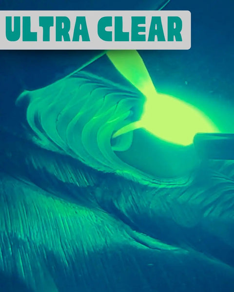 Aqua Shade 10 Gold Welding Lens 2x4 1/4 For TIG And MIG Welding showing ultra clear aqua-tinted weld in progress.